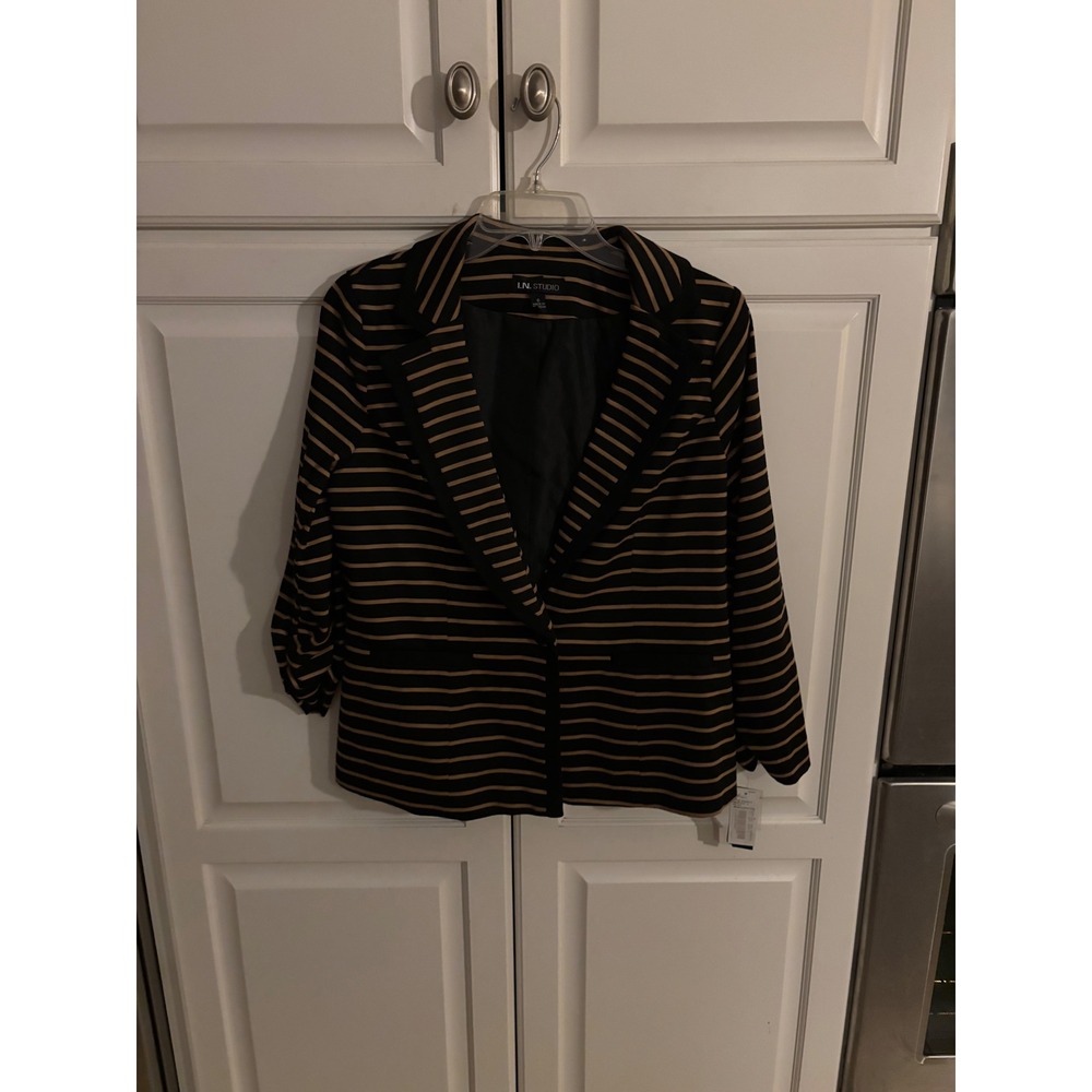 I.N. Studio Womens Black Tan Striped Ruched Sleeve Blazer Jacket Size 6 NEW - Picture 2 of 7